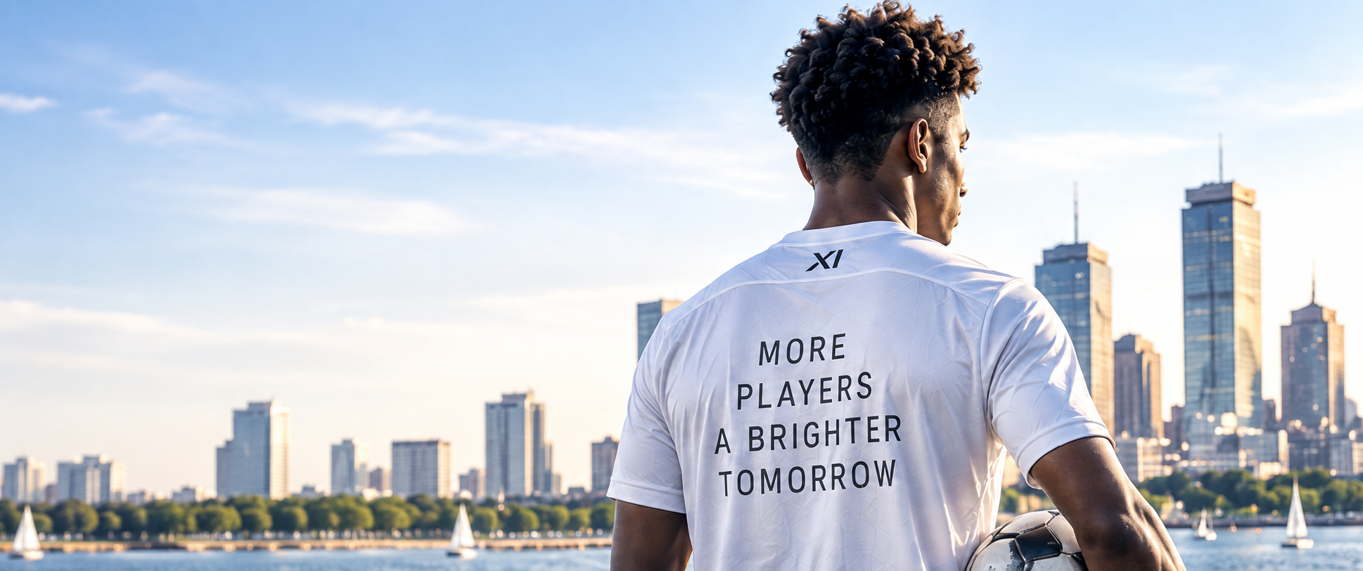XI Labs player looking over the city skyline, jersey reading More Players A Brighter Tomorrow