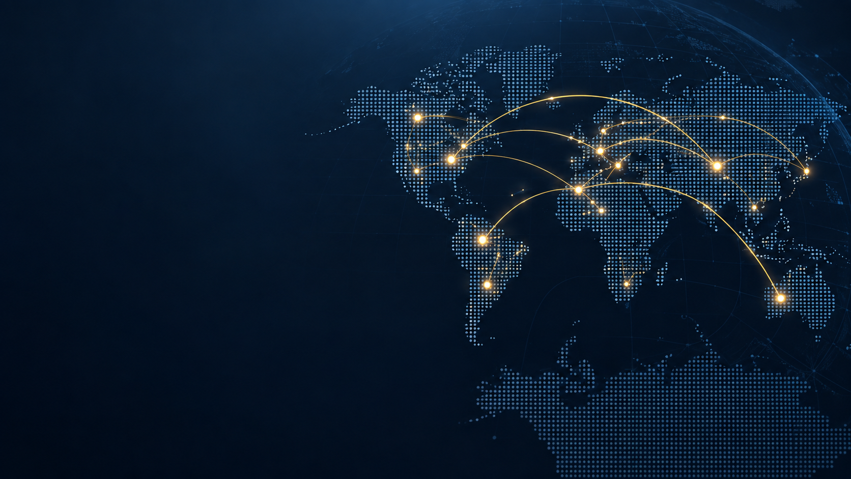 Illustrated world map showing a global network of connections